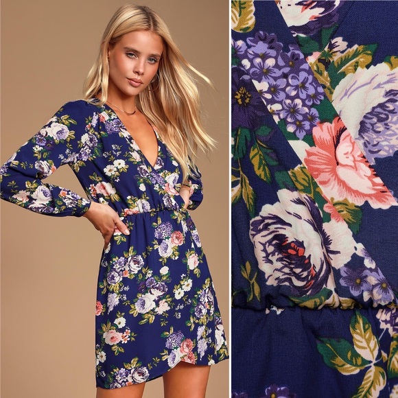 LULU'S That's a Wrap Navy Blue Floral Print Dress - Picture 2 of 11